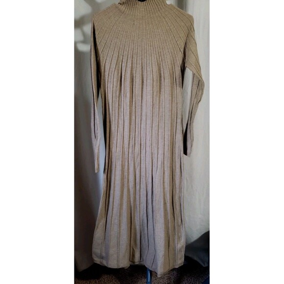 MNG Mango Perkins Neck Ribbed Knit Dress Brown Women’s 10 XL Midi Fall - Picture 9 of 10